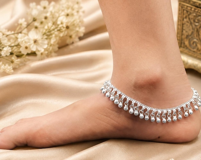 925 Sterling Silver Anklet, Handmade Indian Payal with Ghungroo Bells, Traditional Women's Silver Ankle Bracelet, Bridal Wedding Jewelry