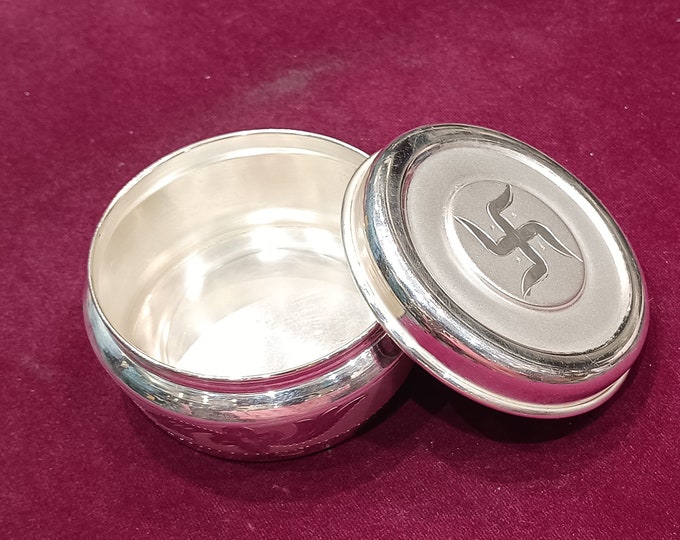 97% Silver Swastika Lunch Box, 112.5g 3 Inch Baby Food Tiffin, Handmade Silver Container, Annaprashan Gift