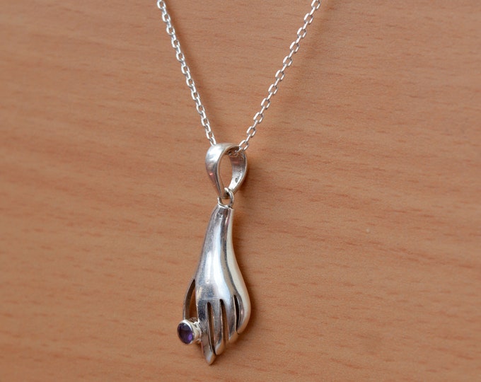 Sterling Silver Hand Amethyst Pendant Necklace - 20 Inch Chain