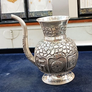 925 sterling silver handmade vintage designer water/milk kalash, excellent puja article from India. silver puja utensils with nozzle