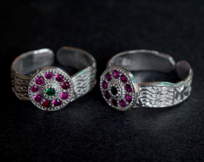 925 Sterling Silver Floral Stone Toe Rings, Adjustable Bichiya Pair, Indian Bridal Wedding Toe Rings for Women