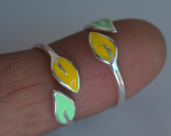 925 Sterling Silver Leaf Toe Rings, Green Yellow Enamel Bichiya Pair, Adjustable Indian Bridal Toe Rings, Wedding Foot Jewelry