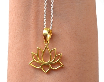 Gold Polished Lotus Pendant: Sterling Silver Necklace, Sacred Jewelry