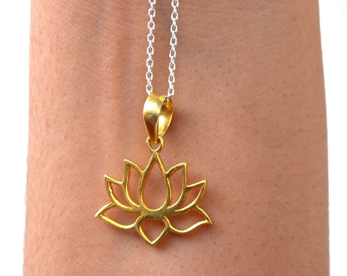 925 Sterling Silver Lotus Pendant, Gold Polished Lotus Necklace, Indian Floral Pendant, Spiritual Jewelry Gift for Women