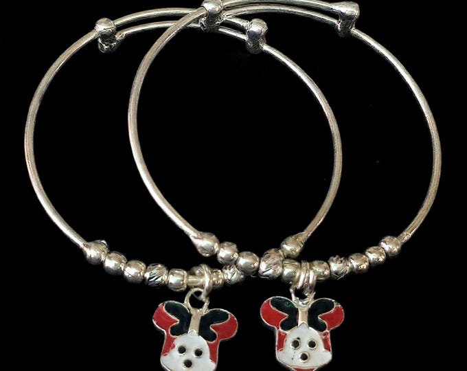 925 Sterling Silver Mickey Baby Kada, Adjustable Baby Bangle with Black Beads, Newborn Toddler Bracelet
