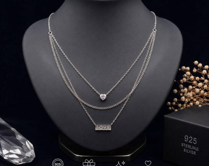925 Sterling Silver Layered Necklace | Heart CZ Pendant & Love Bar Necklace | Double Layer Chain Necklace for Women Gift