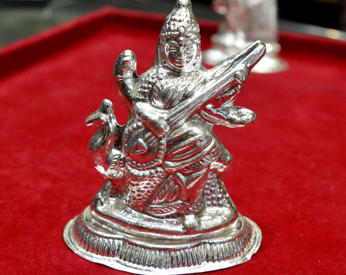 925 Sterling Silver Saraswati Idol | Goddess Playing Veena Sitting on Swan | Pure Silver Puja Mandir Statue Gift