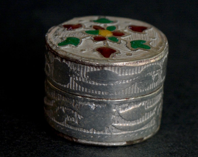 925 Sterling Silver Round Meena Kumkum Box, Carved Enamel Sindoor Dani, Small Puja Container, Traditional Indian Gift