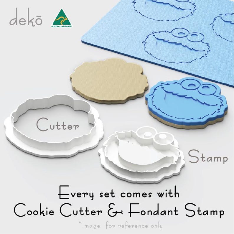 May include: A set of cookie cutters and fondant stamps featuring a blue cookie monster character. The set includes a cutter and a stamp. The image shows the words "Cutter" and "Stamp" on the cutters.