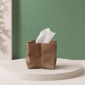 May include: A brown paper tissue box with a textured, crumpled design, containing white tissues. The box is placed on a white, circular platform against a green background. The brand name "studio pear" is visible.