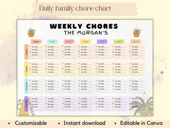 4 Kids Chore Chart 4 Person Chore Charteditable Chore Charts - Etsy