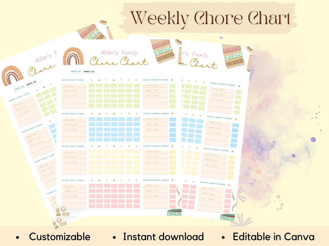 4 Kids Chore Chart, 4 Person Chore Chart,editable Chore Charts for ...