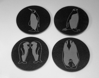 Penguin, Engraved Slate Coaster, Stone Coaster, Drink Coasters