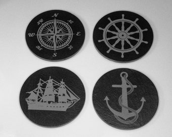 Nautical Coasters, Compass Rose, Ships Wheel, Sailing Ship, Anchor,  Engraved, Slate Coaster, Stone Coaster, Drink Coasters
