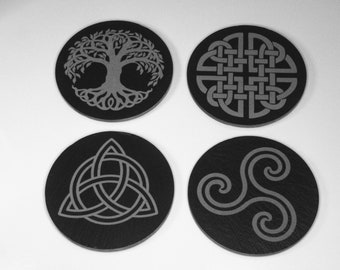 Celtic Symbols Set of Four, Tree of Life, Dara Knot, Triquetra / Trinity Knot, Triskelion, Engraved. Slate Coaster, Drink Coasters