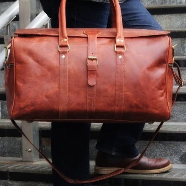 Leather Duffle Bag for Men, Weekender Bag, Full grain leather holdall, Gift , Dark chestnut colour, Overnight travel Bag, Carry on Luggage