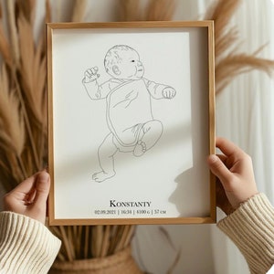 Dibujo lineal personalizado de SU bebé, póster de nacimiento personalizado, regalo de nacimiento, impresión de nacimiento personalizada, póster de recién nacido escala 1:1, boceto