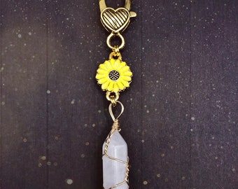 Sunflower / Clear Quartz Healing Stone / Zipper Charm / Handbag Accessory