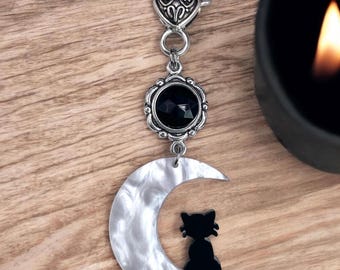 Black Cat and Moon Bag Charm / Witchy / Cat Gifts / Moon Charms / Halloween / Fall / Bag Charms / Zipper Charms / Purse Charms