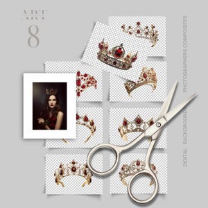 Ruby Crown Tiara PNG Bundle, Red Gold Princess Crowns for Photoshop Composites, Fine Art Portrait Overlays