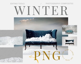 Sofa In The Snow Background Snow PNG Family Portrait Digital Winter Snow Overlay Teal Snow Digital Instant Download Winter Couch Composite