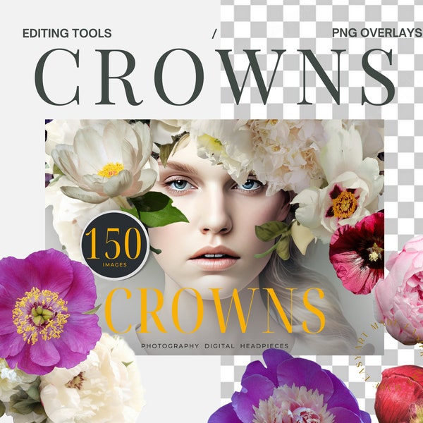 150 Digital Flower PNG Headpiece Wedding Flower Crown Digital Headpiece PNG Flower Garden Flower Crown Digital Overlay