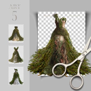 Vestido compuesto de moda Vestido de fantasía digital Vestido de árbol de bosque PNG Superposición Moda PNG Digital Moda Vestido digital Hoja Png Vestido de árbol