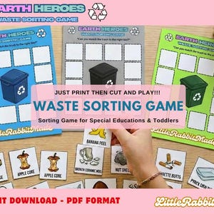 May include: A waste sorting game with blue, gray, and green cards featuring trash cans and sorting squares. Includes cards with items like banana peels and apple cores. Text reads "WASTE SORTING GAME" and "Sorting Game for Special Educations & Toddlers."