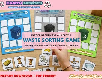 Juego de clasificación de residuos, actividad imprimible de reciclaje, juguete de papel para el Día de la Tierra, juego de clasificación Montessori, carpeta de aprendizaje para niños pequeños, descarga digital.