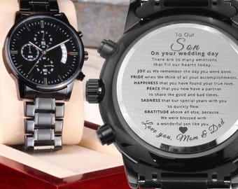 Engraved Black Chronograph Watch, Stainless Steel Wedding Gift for Son
