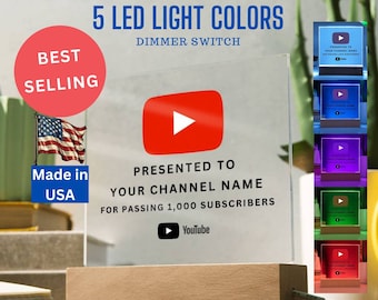 YouTube Play Button Acrylic Plaque, Personalized Gift For Youtuber, Custom YouTube Milestone Award, LED RGB Lamp, Content Creator Decoration