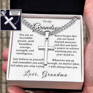 To My Grandson Cross Necklace from Grandma, Personalized Engraved Christian Jewelry, Inspirational Gift for Grandson