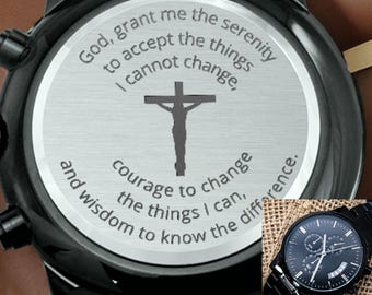 Christelijk gegraveerd herenhorloge met sereniteit, religieus cadeau voor man, vader of zoon, geloofsaandenken sieraden voor hem
