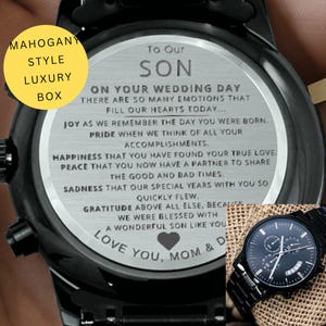 Reloj de boda para nuestro hijo, recuerdo grabado de mamá y papá, regalo de boda para el novio, cronógrafo negro para el hijo.