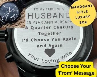 25 Year Wedding Anniversary Gift for Husband, Personalized Engraved Stainless Steel Watch, Romantic Keepsake Timepiece