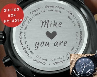 Engraved Christian Watch for Him, Black Men’s Faith Timepiece with Bible Verses, Religious Gift for Son, Husband, or Boyfriend