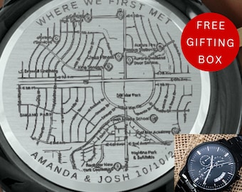 Custom Map Engraved Watch for Him – “Where We First Met” Personalized Coordinates Gift, Anniversary Keepsake Free Gifting Box