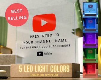 YouTube Play Button Acrylic Plaque, Personalized Gift For Youtuber, Custom YouTube Milestone Award, LED RGB Lamp, Content Creator Decoration