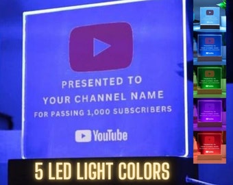 YouTube Play Button Acrylic Plaque, Personalized Gift For Youtuber, Custom YouTube Milestone Award, LED RGB Lamp, Content Creator Decoration