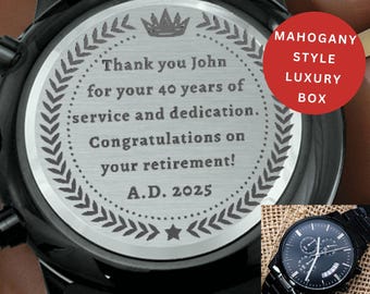 Personalized Retirement Watch, Engraved Black Men’s Watch, 40 Years of Service Gift, Custom Message for Retirement Present