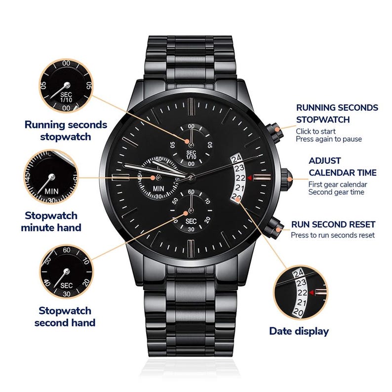 May include: Black stainless steel wristwatch with a black dial. Features include a stopwatch, date display, and a second hand. The watch has a matching black stainless steel band. The watch face has the text: "Running seconds stopwatch", "Stopwatch minute hand", "Stopwatch second hand".
