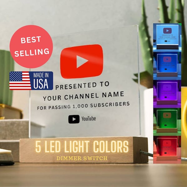 Plaque acrylique du bouton de lecture YouTube, cadeau personnalisé pour Youtuber, prix d’étape YouTube personnalisé, lampe LED RVB, décoration de créateur de contenu