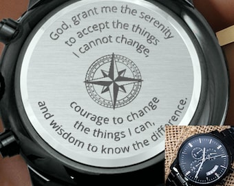 Engraved Men’s Watch with Serenity Prayer, Sobriety Recovery Gift for Him, AA NA Anniversary Present, Inspirational Keepsake Jewelry