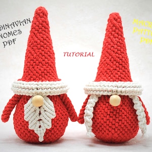 May include: Two handmade red and white Scandinavian gnomes with long, conical hats. Each gnome has a white beard and a wooden bead nose. The image includes the text "Scandinavian Gnomes PDF" and "Macrame Pattern PDF".
