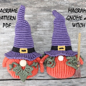 May include: Two macrame gnome and witch ornaments. The gnome is wearing a purple hat with a black band and a yellow buckle. The witch is holding a broom. Both ornaments are made with orange yarn and have green leaves around the base.