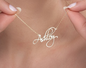 Gold Cursive Name Plate Necklace, Silver Personalized Signature Name Necklace, Custom Dainty Necklace, Silver Script Name Necklace for Her
