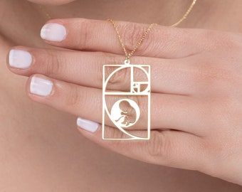 Golden Ratio Necklace with Fetus, Gold Fibonacci Necklace Baby in the Womb, Math Jewelry Wearable Mathematics Irrational Jewelry Math Neckla