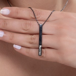 Vertical 3D Bar Necklace in Black Rhodium Plated Sterling Silver, Personalized Best Friend Gift, Engraved Coordinates Bar Necklace for Mom
