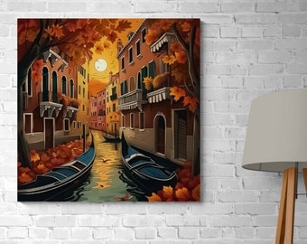 Venice Travel Art Print, Digital Painting, Canals, Boats, Italy, Autumn, Architecture, Wall Decor, Wall Art, Home Design