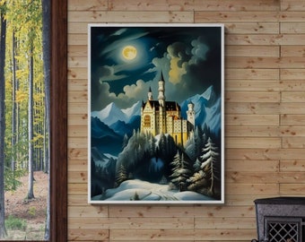 Neuschwanstein Castle Abstract Wall Art, Winter, Snow, Fairy Tale Castle, Digital Painting, Germany, Travel Art, Home Decor, Interior Design